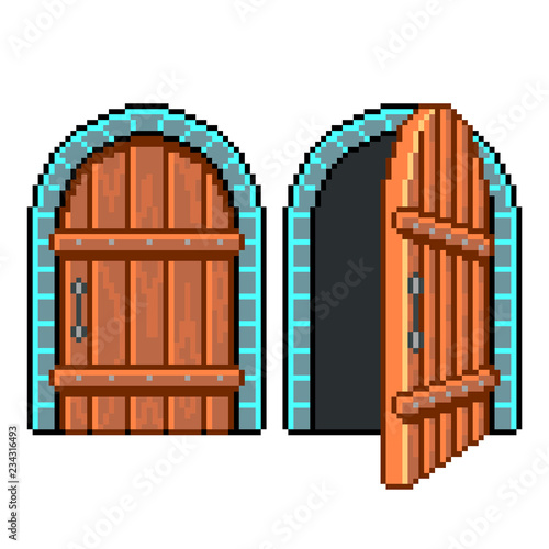 Pixel open closed door detailed illustration isolated vector