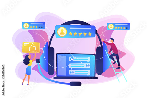 Customers at laptop and headset giving thumb up, rating stars. Customer feedback, customer rating feedback, customer relationship management concept. Bright vibrant violet vector isolated illustration