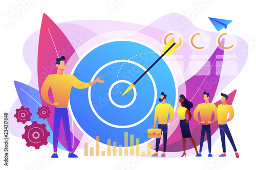 Big target, manager and employees engaged in company goals. Internal marketing, company goals promotion, employee engagement concept. Bright vibrant violet vector isolated illustration