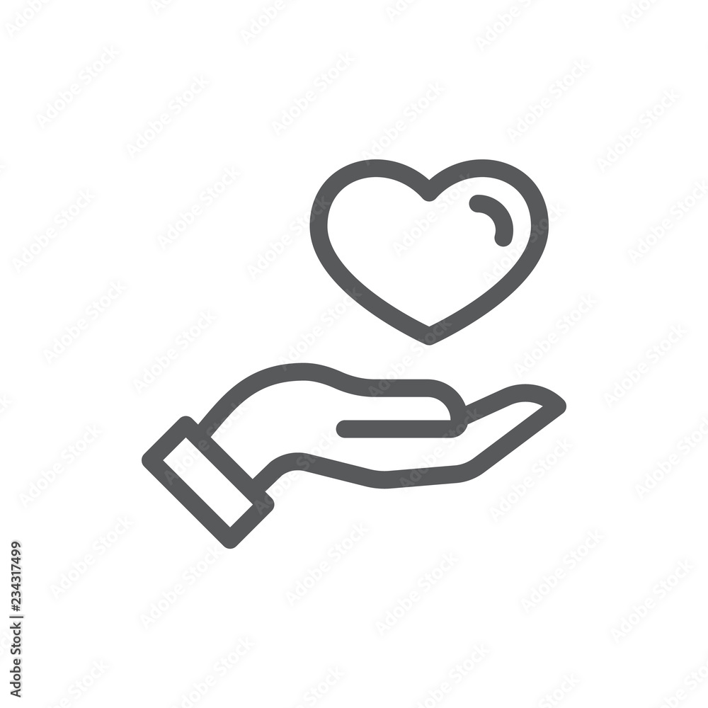 Human hand holding or giving heart thin line icon with editable stroke. Human hand holding or giving heart thin line icon with editable stroke.