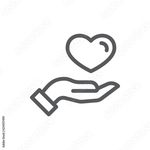 Human hand holding or giving heart thin line icon with editable stroke.