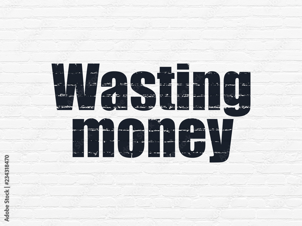 Money concept: Painted black text Wasting Money on White Brick wall background Money concept: Painted black text Wasting Money on White Brick wall background