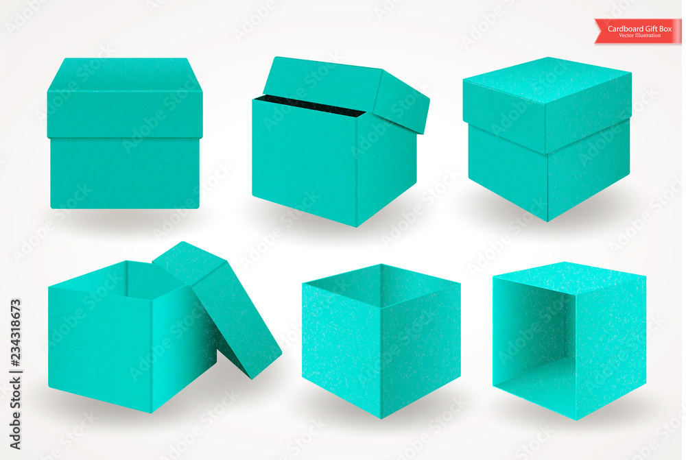 Set of open and closed cardboard green blue boxes with lids or covers. Front view. Package isolated on white background. Realistic Vector Illustration Set of open and closed cardboard green blue boxes with lids or covers. Front view. Package isolated on white background. Realistic Vector Illustration