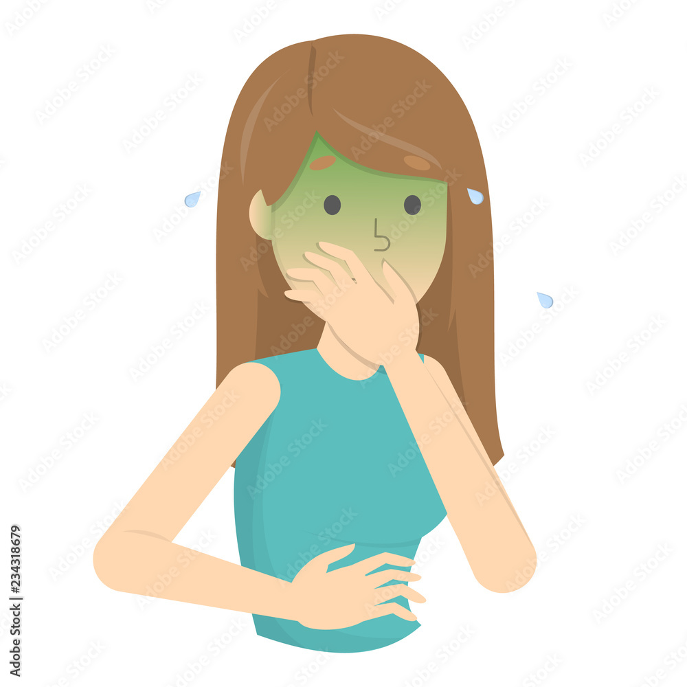 Woman suffer from nausea. Symptom of disease Woman suffer from nausea. Symptom of disease