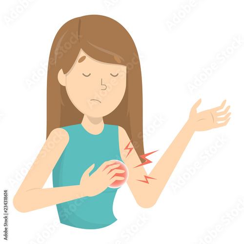 Woman feel pain in her breast. Symptom of disease