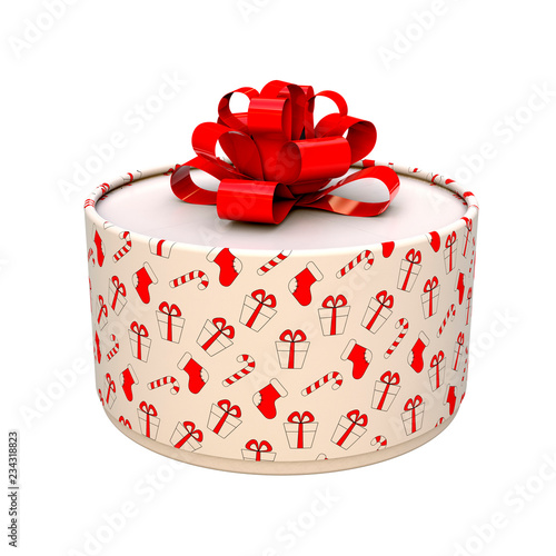 Gift box with a bow. The box is round. 3D illustration photo