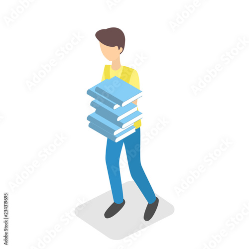 Young boy holding stack of school books
