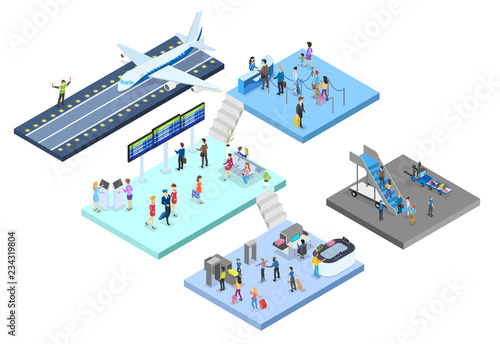 Airport with passenger set. Checkin and security