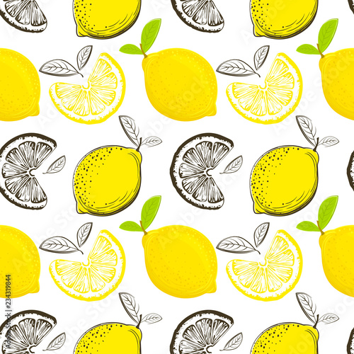 Lemon seamless pattern. Colorful sketch lemons. Citrus fruit background. Elements for menu, greeting cards, wrapping paper, cosmetics packaging, posters etc