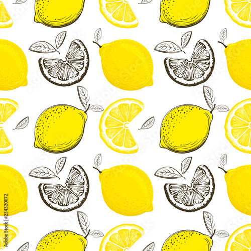 Fototapeta Naklejka Na Ścianę i Meble -  Lemon seamless pattern. Colorful sketch lemons. Citrus fruit background. Elements for menu, greeting cards, wrapping paper, cosmetics packaging, posters etc