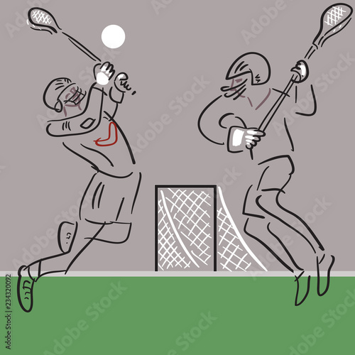 Lacrosse player in action and goalpost vector background set