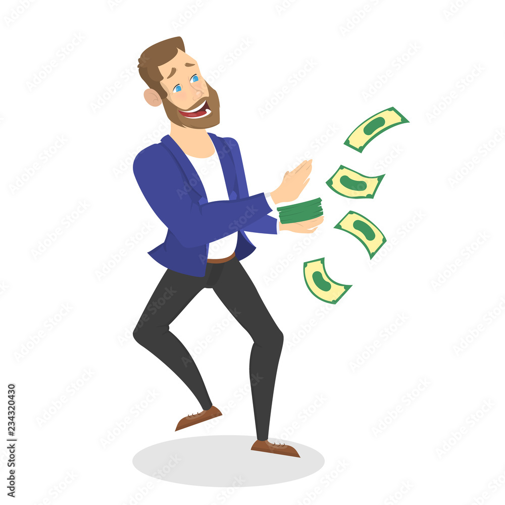Happy successfull man jumping with money banknotes Happy successfull man jumping with money banknotes