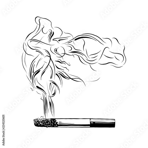 Vector engraved style illustration for posters, logo, emblem, decoration and print. Hand drawn sketch of burning cigarette in black isolated on white background. Detailed vintage etching style.
