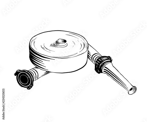 Vector engraved style illustration for posters, logo, label or emblem. Hand drawn sketch of firehose isolated on white background. Detailed vintage etching style drawing.