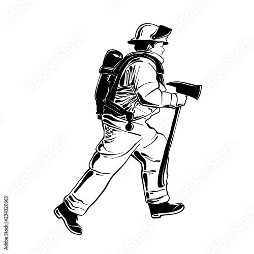 Vector engraved style illustration for posters, logo or emblem. Hand drawn sketch of firefighter or fireman in uniform isolated on white background. Detailed vintage etching style drawing.