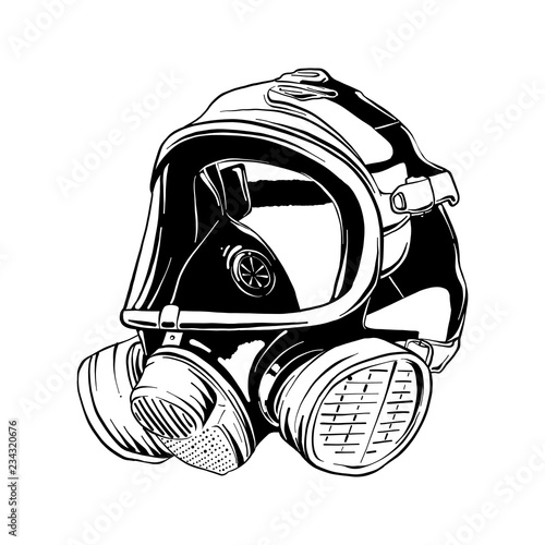Vector engraved style illustration for posters, logo or emblem. Hand drawn sketch of firefighter gas mask isolated on white background. Detailed vintage etching style drawing.