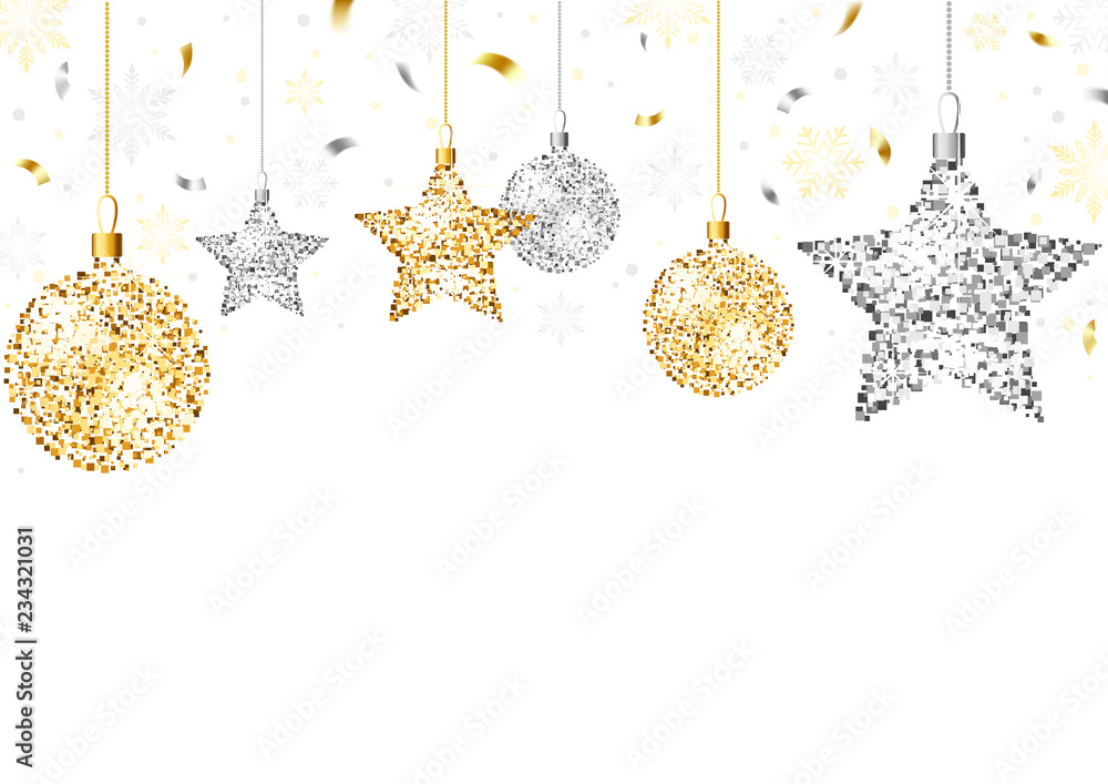 Christmas Background with Golden Glitter Ornaments and Silver Glitter Ornaments with Falling Confetti on White Background - Colored Illustration, Vector