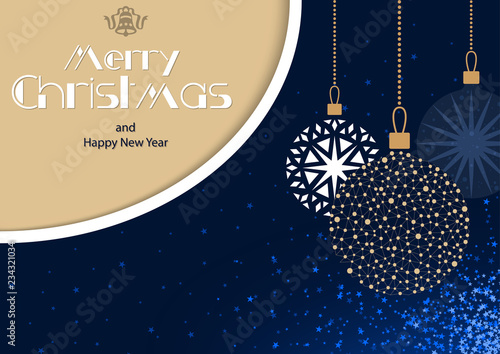 Blue Merry Christmas Greeting Card with Hanging Baubles and Glitter Starry Background and Golden Corner with Texts - Abstract Illustration, Vector