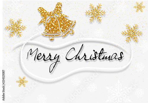 White Merry Christmas Greeting with Golden Glitter Snowflakes and Bells and B...