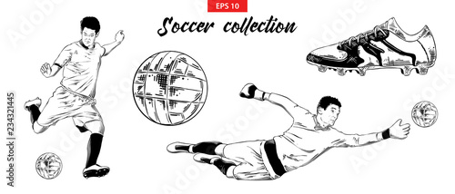 Vector engraved style illustration for logo, emblem, label or poster. Hand drawn sketch set of soccer football players, shoe and ball isolated on white background. Detailed vintage doodle drawing.