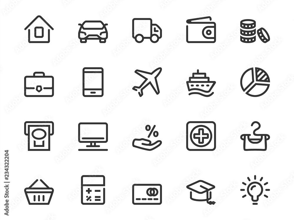 Vector icon set of loan objects in outline style. Icon collection includes: interest rate, real estate, business, car, credit card, travel, education and more. Vector icon set of loan objects in outline style. Icon collection includes: interest rate, real estate, business, car, credit card, travel, education and more.