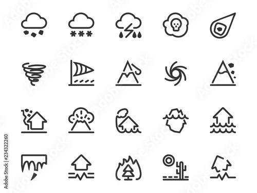 Set of natural disaster icons in line style. Risks and dangers  which are taken into account in the insurance of housing  earthquake  flood  hurricane  tsunami  volcano and more.