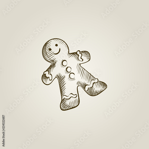 Hand Drawn Gingerbread man Sketch Symbol isolated on background. Vector of Christmas elements In vintage Style