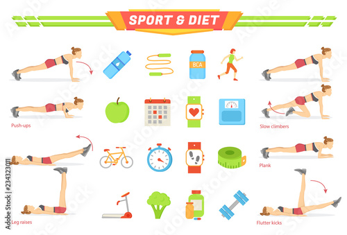 Sport and Diet Exercises Poster Vector Illustration