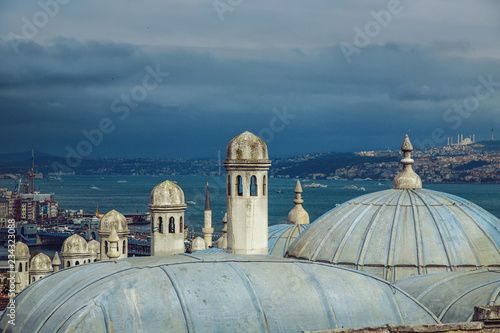 Panoramic view of Istanbul, Turkey through the domes and chimneys of the Suleymaniye Complex