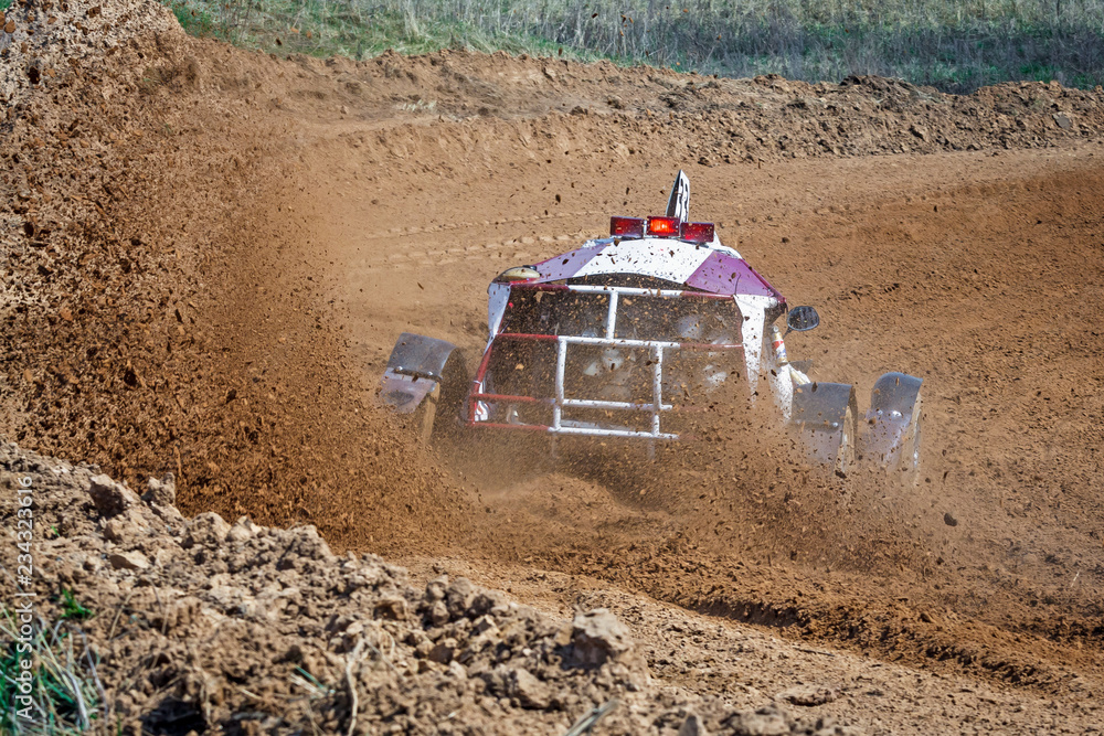 Kart races on a cross-country terrain