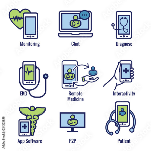 Telemedicine abstract idea with icons illustrating remote health and software
