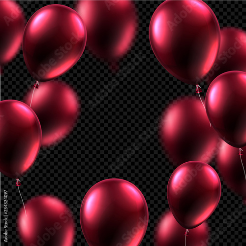 Festive card with vinous shiny balloons on transparent backdrop.