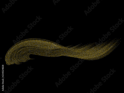 Gold dust on a black background. Small particles, Golden glitter, confetti, sequins in the form of moving waves. Luxury pattern