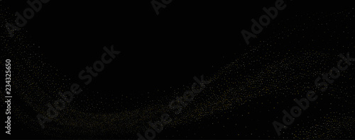 Gold dust on a black background. Small particles, Golden glitter, confetti, sequins in the form of moving waves. Luxury pattern