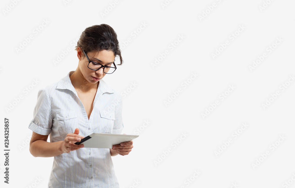 Portrait of a young beautiful woman in glasses with a tablet Portrait of a young beautiful woman in glasses with a tablet
