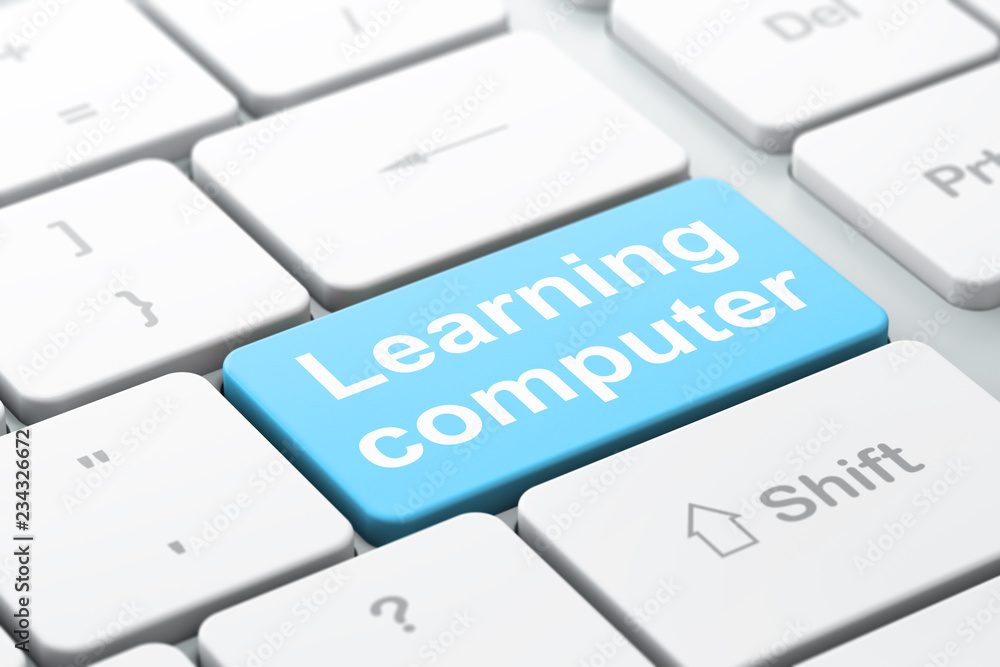 Studying concept: computer keyboard with word Learning Computer, selected focus on enter button background, 3D rendering Studying concept: computer keyboard with word Learning Computer, selected focus on enter button background, 3D rendering