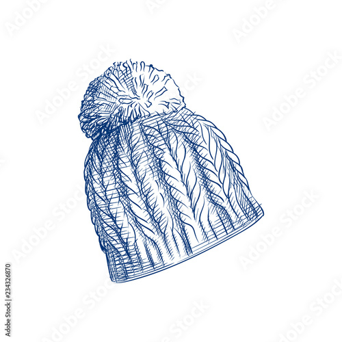 Hand Drawn knitting hat Sketch Symbol isolated on white background. Vector of winter elements In Trendy Style
