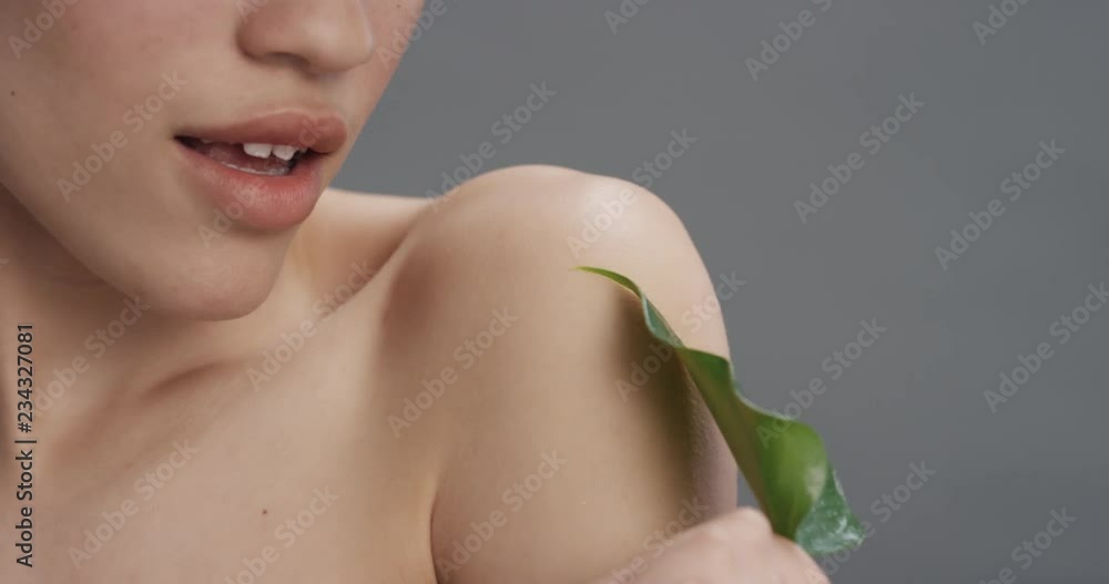 close up portrait beautiful mixed race woman smiling caressing face with leaf touching smooth healthy skin complexion enjoying natural skincare beauty on grey background close up portrait beautiful mixed race woman smiling caressing face with leaf touching smooth healthy skin complexion enjoying natural skincare beauty on grey background