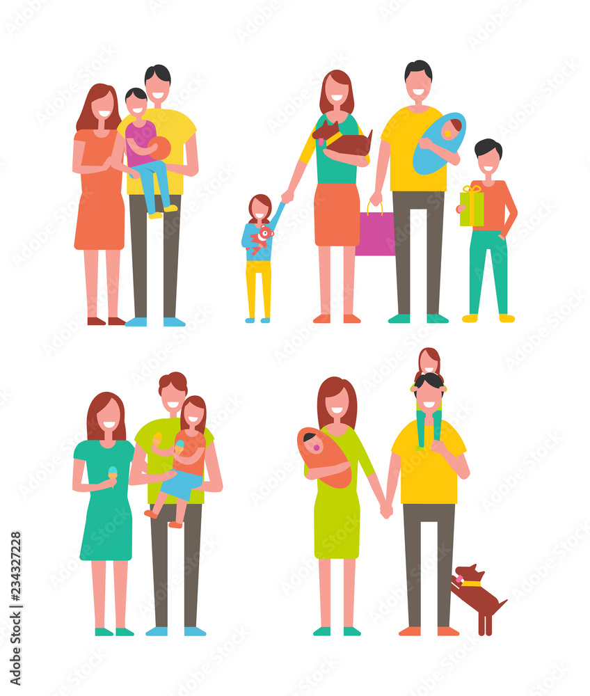 Family Couples and Kids Set Vector Illustration