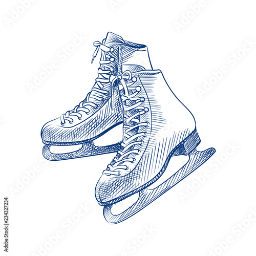 Hand Drawn Skates Sketch Symbol isolated on white background. Vector of winter elements In Trendy Style