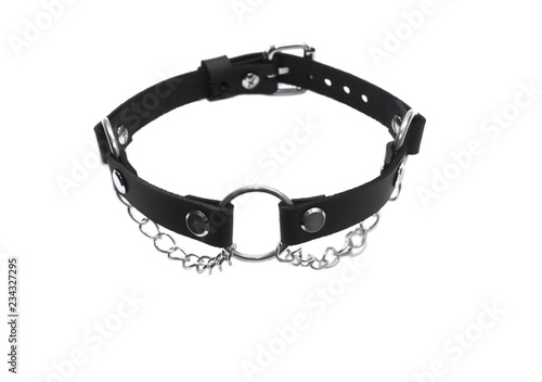 Black leather choker on a white background. Side view