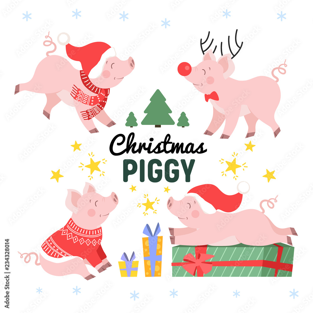 Cute Christmas pig set in different poses cartoon vector illustration. Happy holiday piggy collection isolated on white Cute Christmas pig set in different poses cartoon vector illustration. Happy holiday piggy collection isolated on white