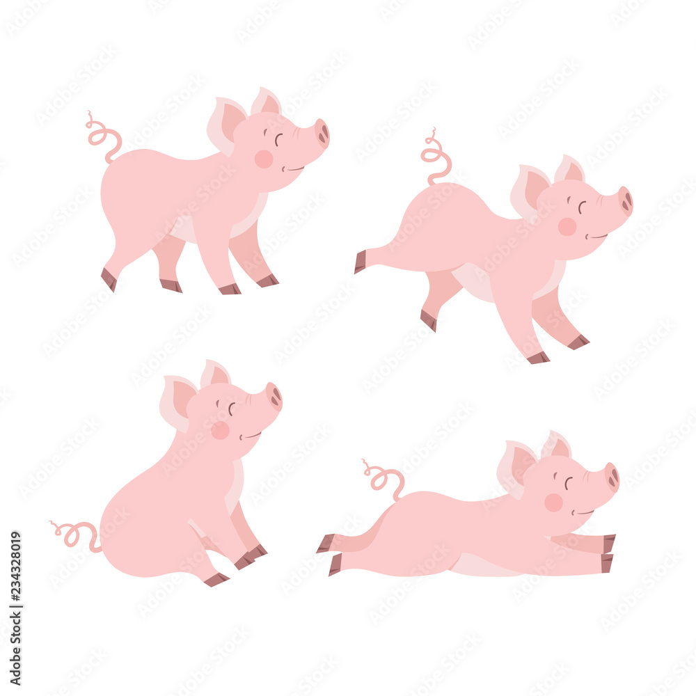 Cute pig set in different poses cartoon vector illustration. Happy piggy collection isolated on white