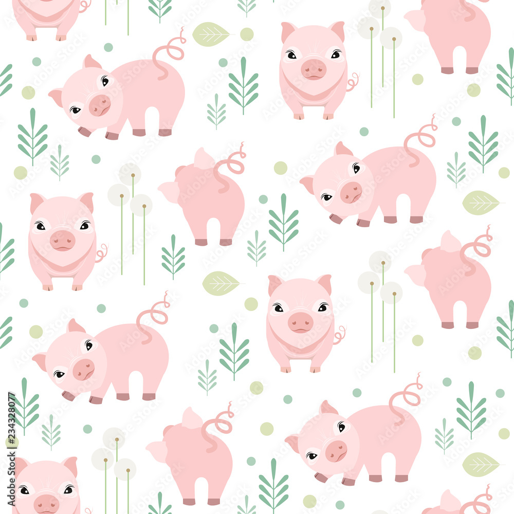 Cute pig childish seamless pattern on white background. Happy piggy cartoon vector illustration Cute pig childish seamless pattern on white background. Happy piggy cartoon vector illustration