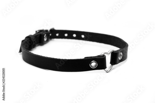 Black leather choker on a white background. Side view photo