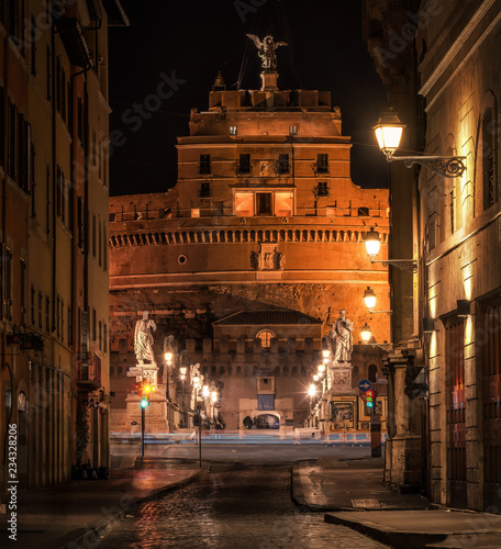 Castel Sant'Angelo or Castle of Holy Angel, Rome, Italy. Castel Sant'Angelo is one of the main travel destinations in Europe. View of Castel Angelo at the night time
