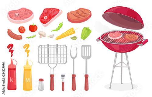 BBQ Set, Barbecue Equipment and Meat, Vector Icon