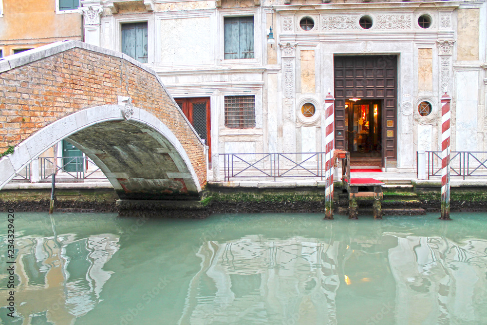 Closeup of canals and bridge of Venice. Venice, Italy 