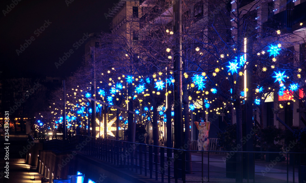 Holiday decorations of Spreepromenade in Berlin. Germany