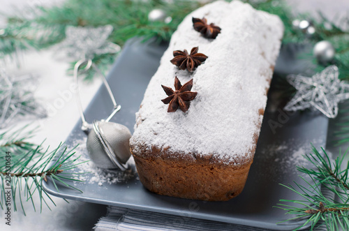 Loaf Cake Dusted with Icing Sugar, Christmas and Winter Holidays Treat